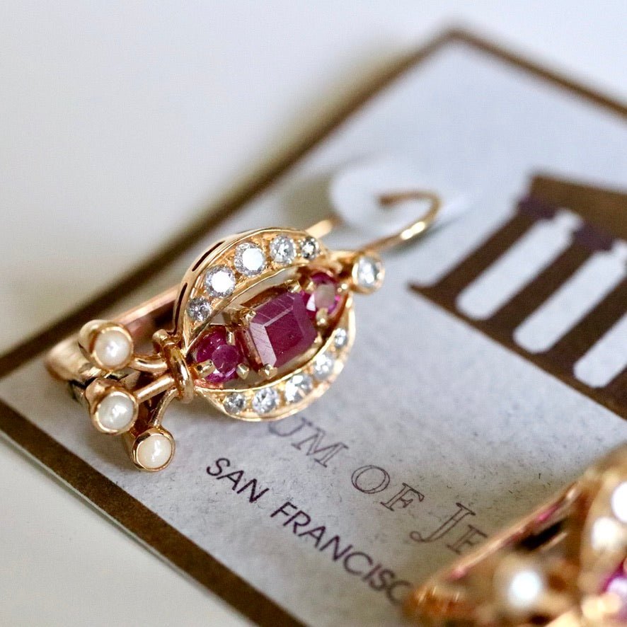 14k Rapunzel Ruby, Diamond and Pearl Earrings